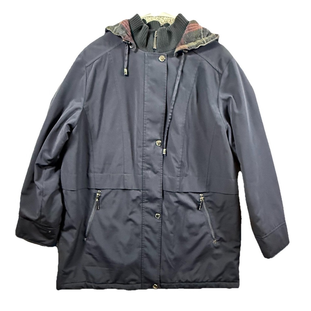 Nautica Womens XL Hooded Plaid Lined Jacket Navy Zip Snap Anorak Coat